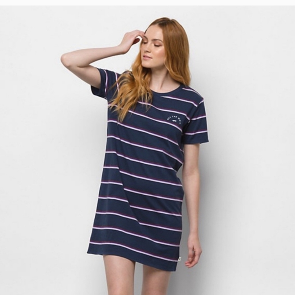 Vans T-Shirt dress, Purple, Navy, White Stripes, Size Small